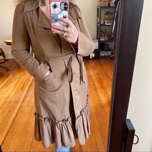 Anthropologie Tan Cotton Lined Ruffle Trench Coat - Picture 10 of 12